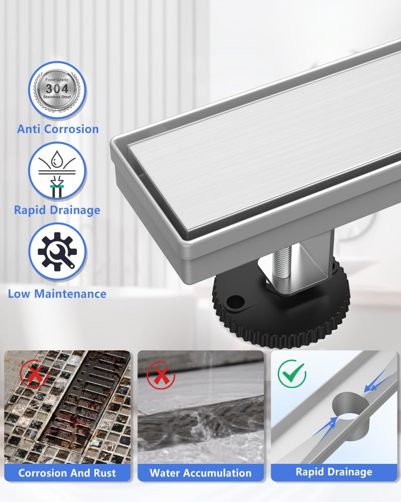 YEFU Shower Drain Nickel for Bathroom: 36 Inch Stainless Steel Linear Shower Drain â€“ 2-in-1 Shower Floor Drain with Tile Insert Grate â€“ Rectangle Linear Drain with Adjustable Feet & Hair Strainer - Image 3